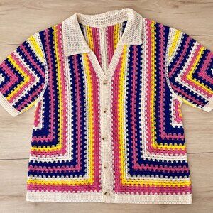 BEAUDRM Colorful Crochet Men's Size Large Short Sleeve Retro Style Button Up